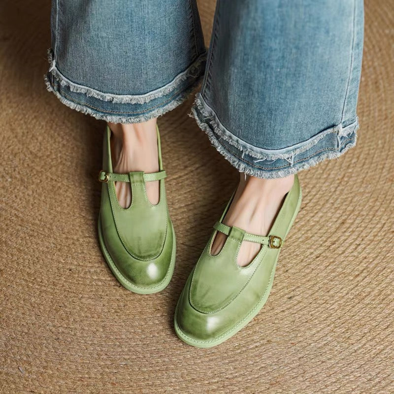 Washed leather low-heeled loafers