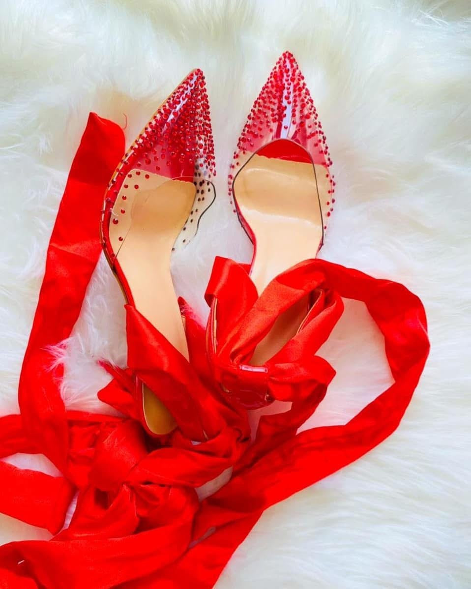 Studded Red Satin Tie Heels