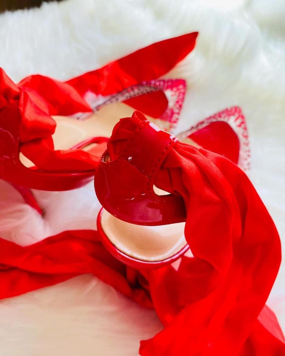 Studded Red Satin Tie Heels