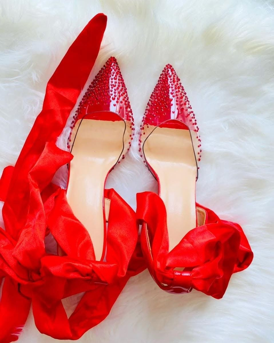 Studded Red Satin Tie Heels