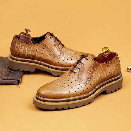 Tan Crocodile-Embossed Derby Shoes