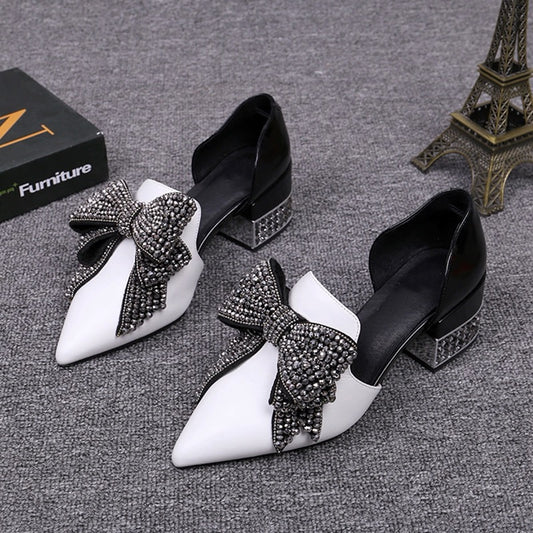 European station spring and summer new sandals for women bow rhinestone thick heels