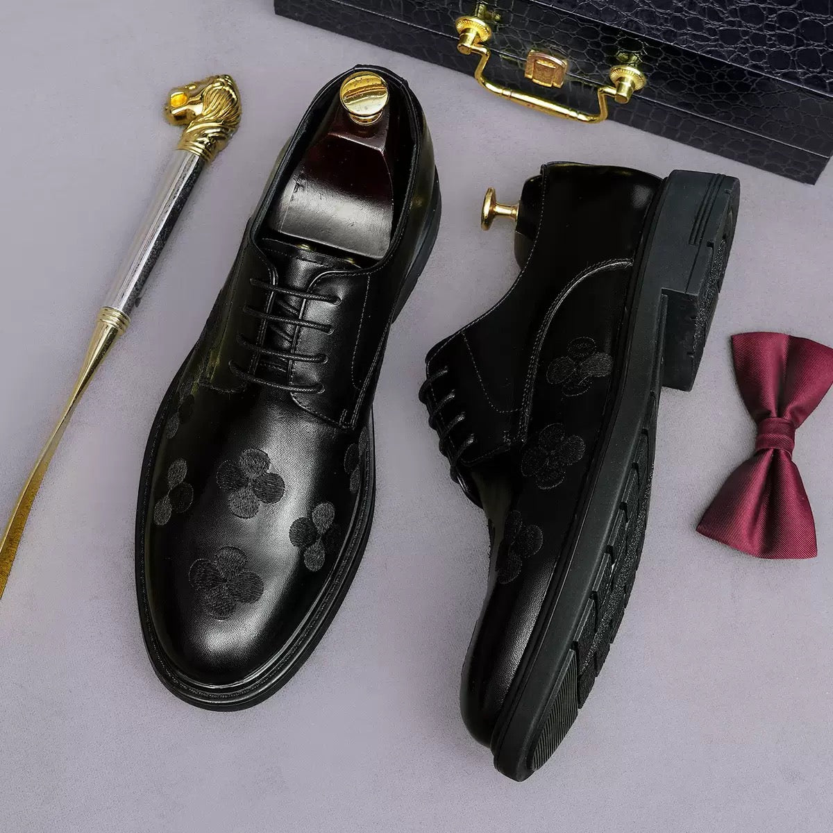 Royal Elegance Black Floral Embossed Derby Shoes
