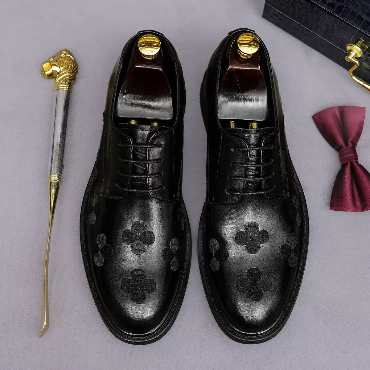 Royal Elegance Black Floral Embossed Derby Shoes