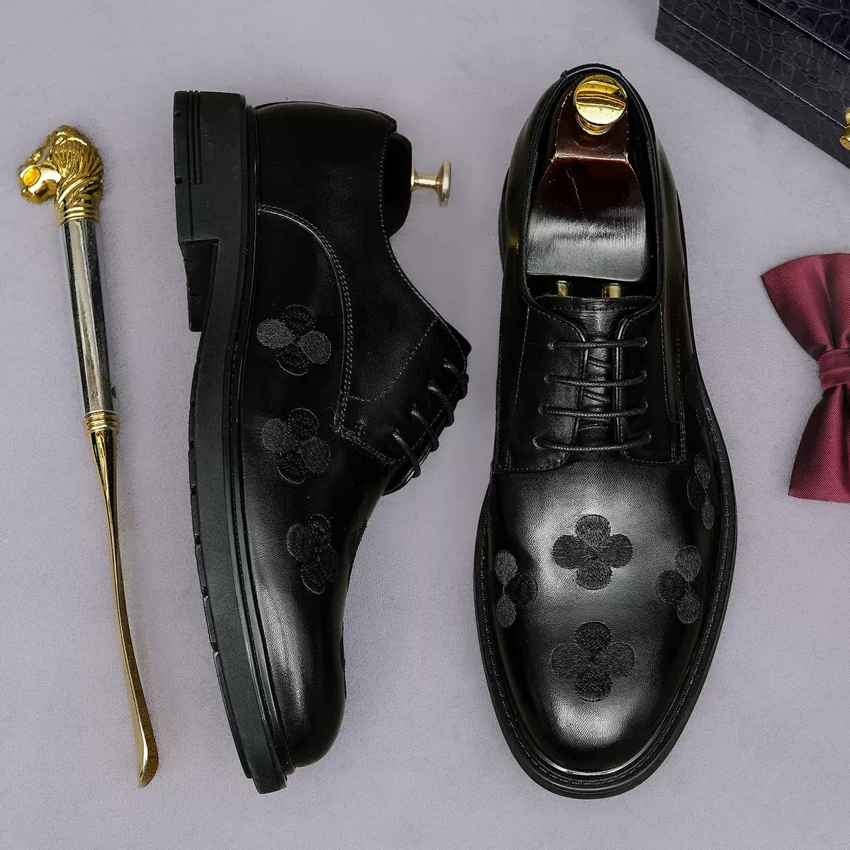 Royal Elegance Black Floral Embossed Derby Shoes