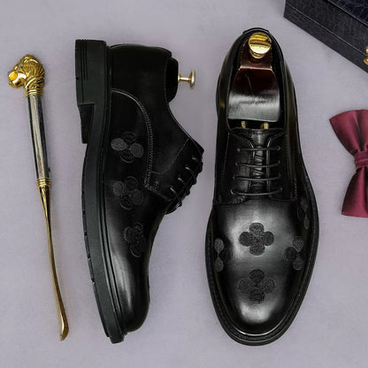 Royal Elegance Black Floral Embossed Derby Shoes