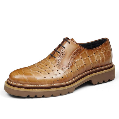 Tan Crocodile-Embossed Derby Shoes