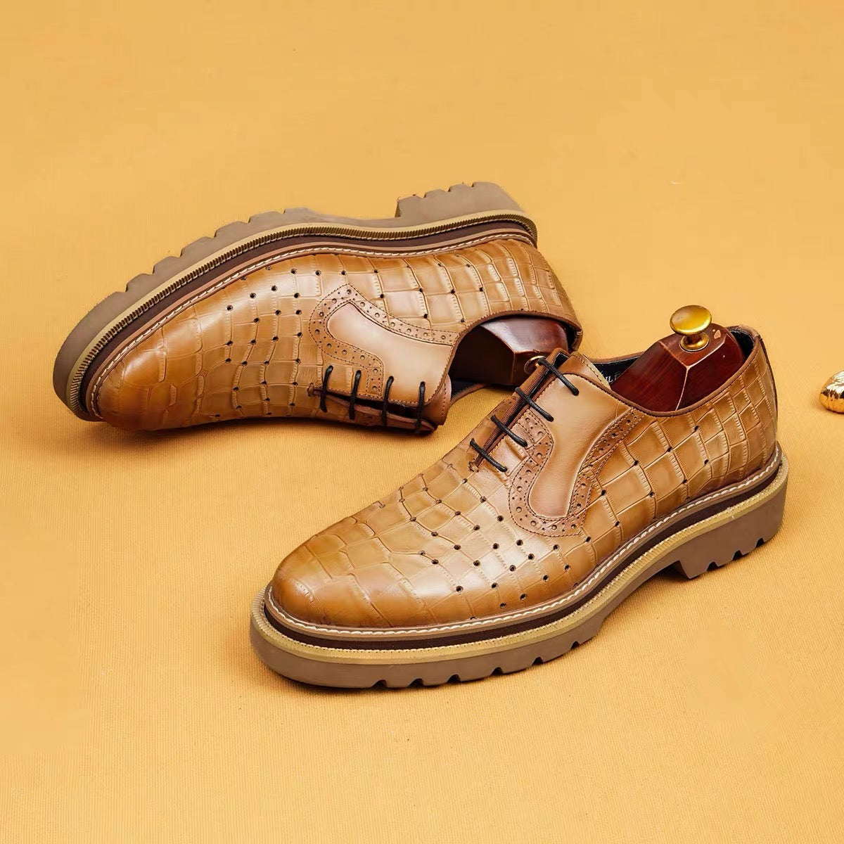 Tan Crocodile-Embossed Derby Shoes