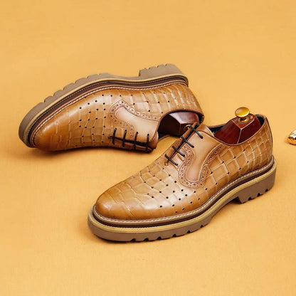 Tan Crocodile-Embossed Derby Shoes