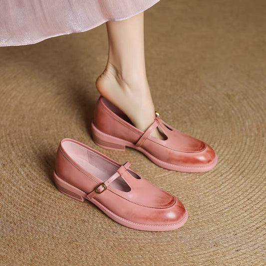 Washed leather low-heeled loafers