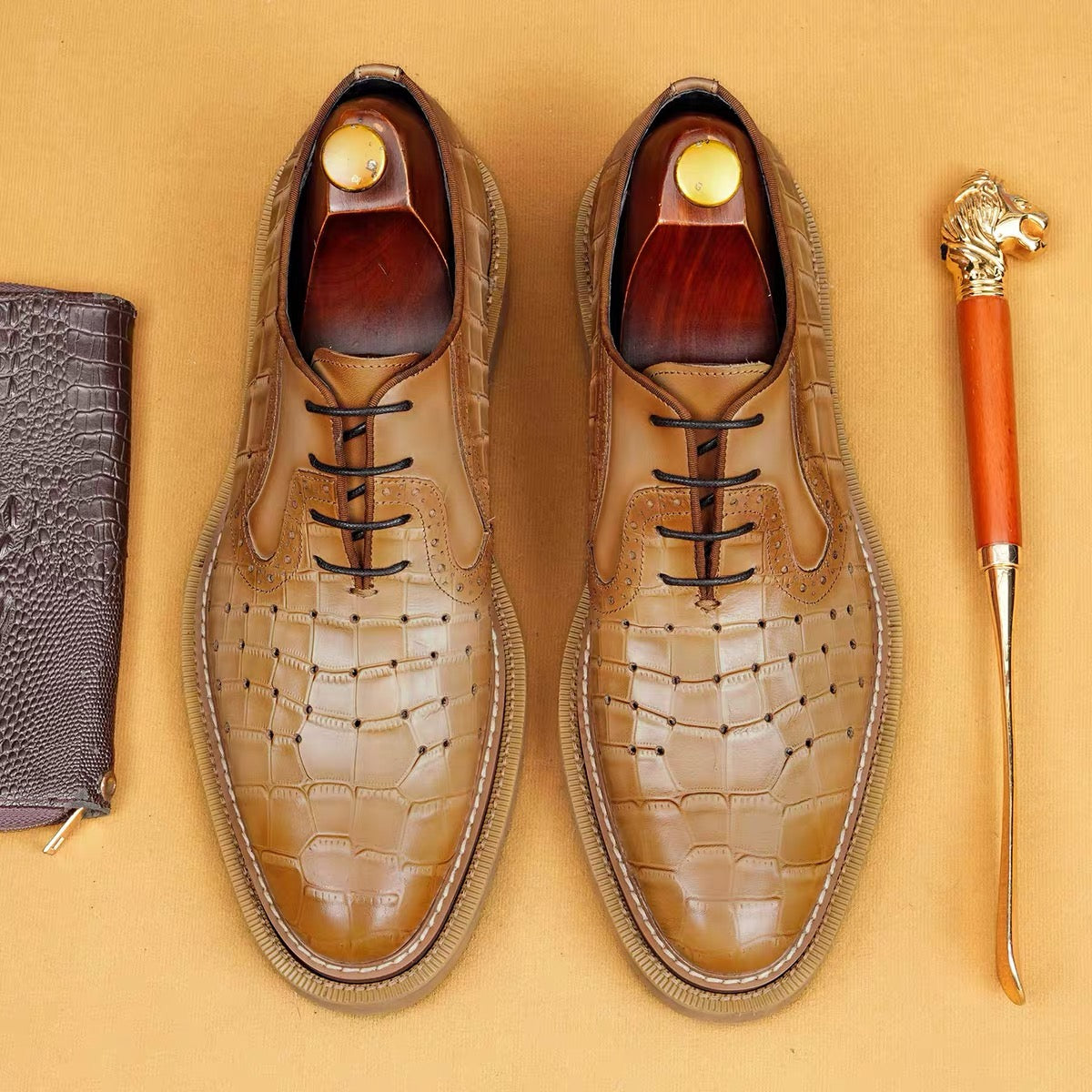 Tan Crocodile-Embossed Derby Shoes
