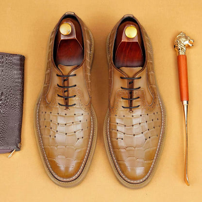 Tan Crocodile-Embossed Derby Shoes